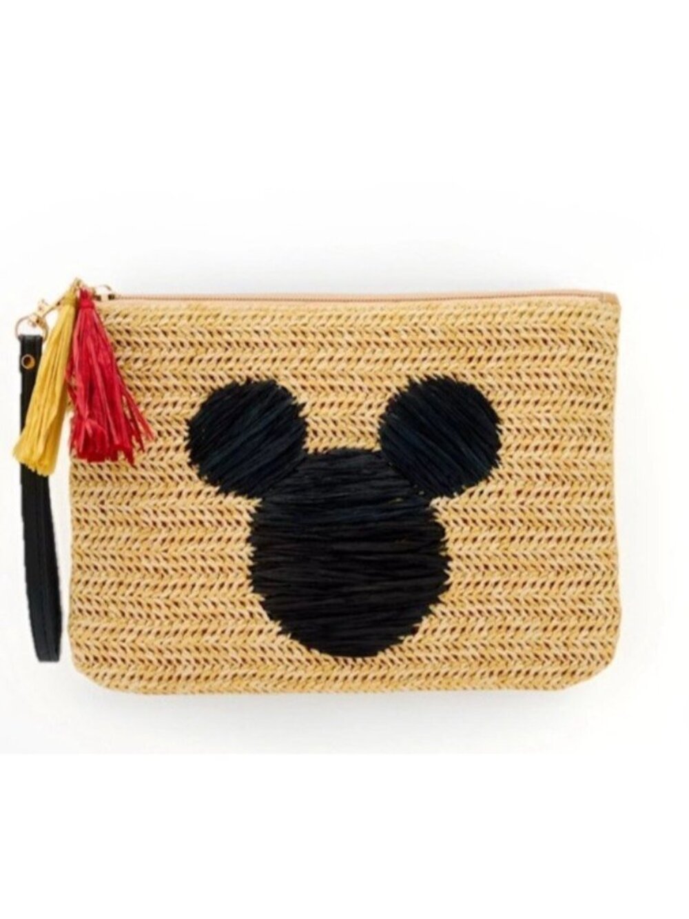 Disney Mickey Mouse Silhouette Raffia Wristlet Purse Straw Zipper Pouch NWT